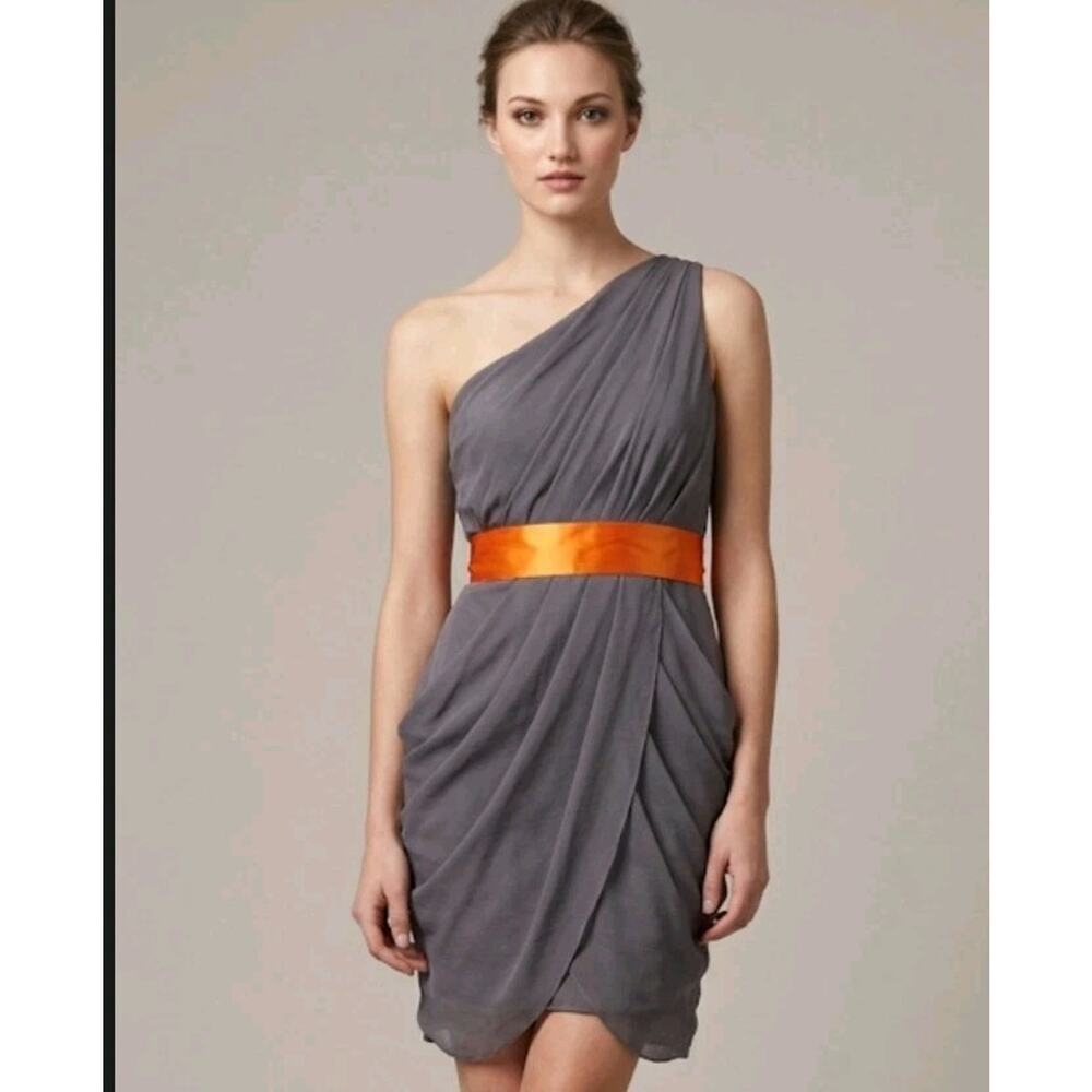WTOO By Watters And Watters Dress Gray Ruched One Shoulder Prom Dress, Sz 12